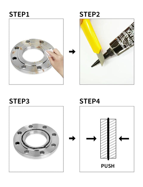 Visbella high-temperature RTV silicone gasket maker, 3.7 oz, black; automotive engine gasket sealant shown in four-step diagram.