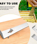 Two Piece Stainless Steel Pry Bar Scraper Set With Gloves Includes Six Point Six Nine Inch And Ten Inch Flat Pry Bars shown scraping beehive