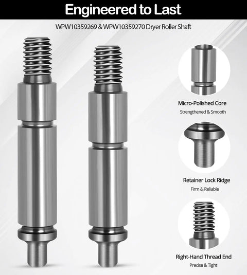 Top Shelf Dryer Drum Support Roller Shaft Replacement Kit Wpw10359269 Wpw10359270, stainless steel design for smooth rotation.