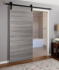 Interior Sliding Barn Door No Glass Solid Wood Black Finish 42x96 Inches Dope Modern Style, installed as space-saving room divider