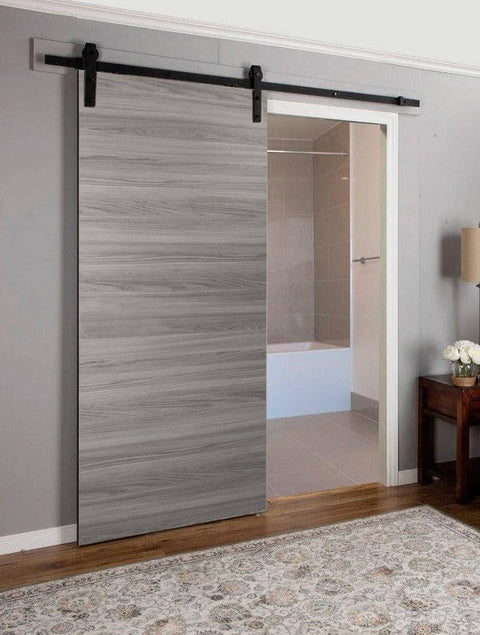 Interior Sliding Barn Door No Glass Solid Wood Black Finish 42x96 Inches Dope Modern Style, installed as space-saving room divider