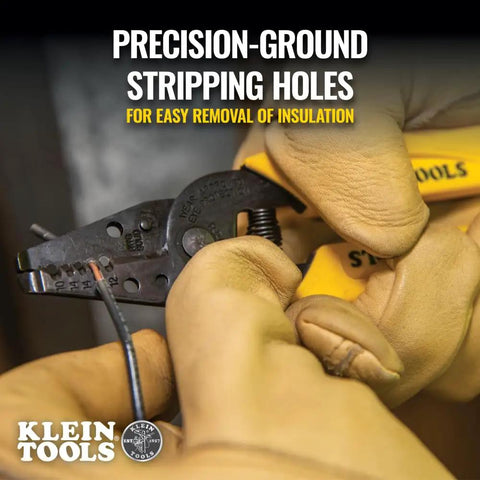 Hands using Built Tough Dual Wire Stripper Cutter For Solid Wire With 14 And 12 AWG Holes Plus 10 AWG Stripping Hole.