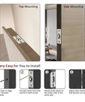 Installation guide for Stainless Steel Closet Door Ball Catch Hardware Kit With Adjustable Ball And Strike Plate Brushed Satin Finish 2 Pack, showing top and side mounting steps with images.