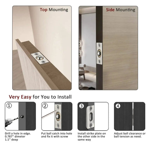 Installation guide for Stainless Steel Closet Door Ball Catch Hardware Kit With Adjustable Ball And Strike Plate Brushed Satin Finish 2 Pack, showing top and side mounting steps with images.