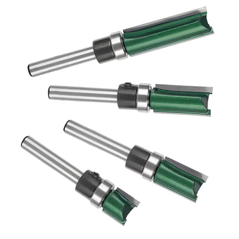 Heavy Duty Four Piece Flush Trim Router Bit Set With Top Bearing Quarter Inch Shank Great For Template Woodworking showing four bits.
