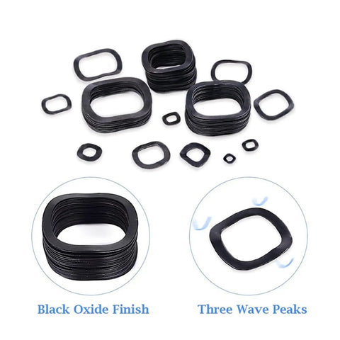 320 Piece Carbon Steel Compression Wavy Crinkle Spring Washer Set Three Wave Black Assortment Kit For Vibration Resistance And Secure Fasteners A Handy DIY Hardware Must Have. Black oxide three-wave carbon steel spring washers in assorted sizes.