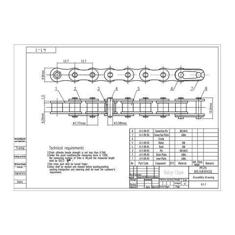 Technical drawing of Nickel Plated Roller Chain 41 NP Half Inch Pitch Ten Feet With Two Free Connecting Links detailing measurements.
