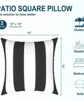 Two Pack Waterproof Outdoor Throw Pillows With Inserts 18x18 Square Cushions For Patio Deck Garden Or Home Furniture Cabana Black All Weather Decor For Sofa Bench And Lounge, featuring black and white stripes