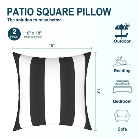 Two Pack Waterproof Outdoor Throw Pillows With Inserts 18x18 Square Cushions For Patio Deck Garden Or Home Furniture Cabana Black All Weather Decor For Sofa Bench And Lounge, featuring black and white stripes