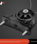 Engine mount bracket, black metal with two threaded studs and circular bushing, front view