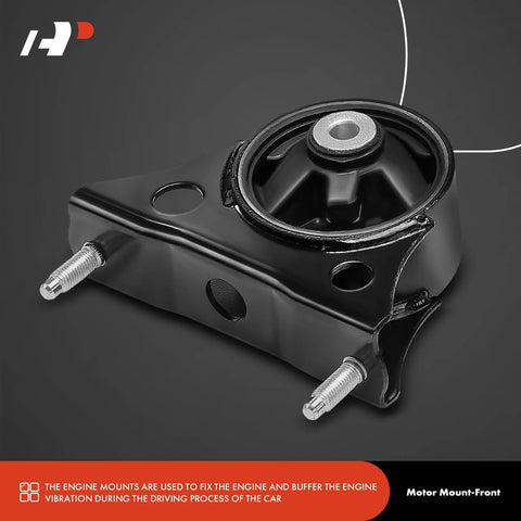 Engine mount bracket, black metal with two threaded studs and circular bushing, front view