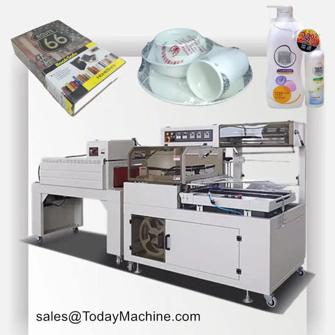 Commercial Automatic Tunnel Shrink Wrapping Machine For Retail Packaging Delivers Kick Ass Heat Sealing Power With Straight Up Smooth Plastic Film Processing with wrapped items on display.