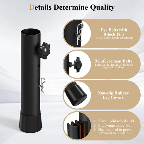 Heavy Duty Adjustable Table Risers And Leg Extenders Four Pack with eye bolts, reinforcement bolts, and non-slip rubber leg covers.