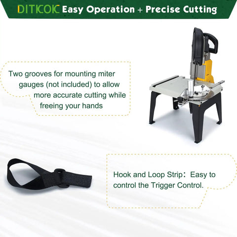 Portable Band Saw Stand Table For DeWalt And Milwaukee Deep Cut Saws shown with miter gauge grooves and trigger control strap