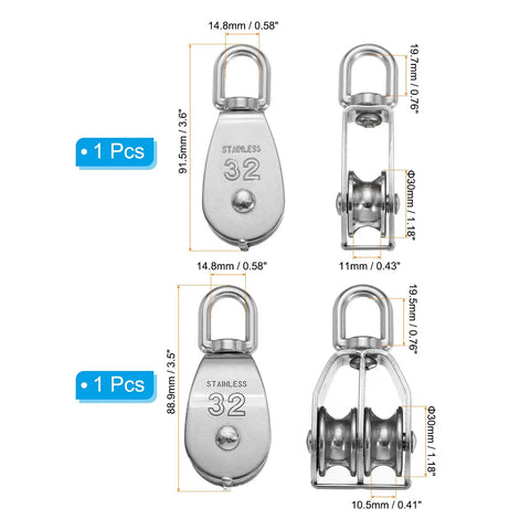 M30 Pulley Block Two Pack With One Single And One Double Pulley 304 Stainless Steel Heavy Duty Beefy Lift System For Wire Rope 551 Lbs Load Capacity Indoor Outdoor Use Swivel Hook Compatible, 32mm size