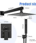 Matte Black Concealed Shower Set With Built-In Pressure Balance Valve, Ultra-Thin 8-Inch Rain Shower Head, dimensions shown