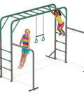 Children playing on 3 In 1 Monkey Bars Set With Gymnastics Bars And Trapeze Swing For Backyard Fun, Heavy Duty Metal Frame Supports Up To 400 Lbs