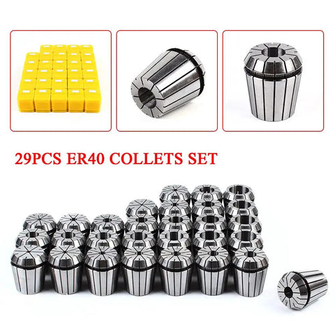 Super Duper 29Pcs ER40 Industrial Precision Spring Collet Set For CNC Milling Lathe Tool with yellow storage boxes.