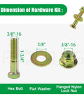 Hardware kit dimensions with hex bolt, flat washer, and flanged nylon lock nut labeled in inches