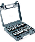 Top Shelf Boss Grade 16 Piece Forstner Bit Set With 3/8 Shank in open plastic case displaying high speed steel bits for woodworking.