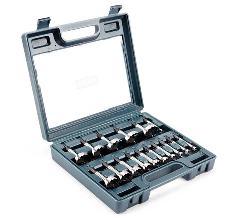 Top Shelf Boss Grade 16 Piece Forstner Bit Set With 3/8 Shank in open plastic case displaying high speed steel bits for woodworking.