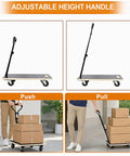 Heavy Duty Wooden Moving Dolly With Ergonomic Handle 440 Lbs Load Capacity showing adjustable height handle and usage