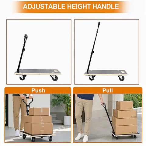 Heavy Duty Wooden Moving Dolly With Ergonomic Handle 440 Lbs Load Capacity showing adjustable height handle and usage