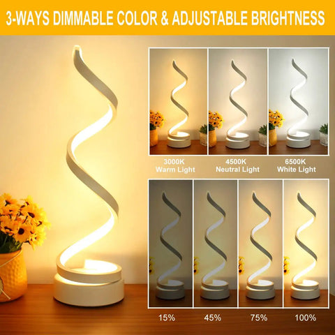 Spiral LED Desk Lamps Set Of 2 10W Modern Bedside Lights With 3 Color Modes And Stepless Dimming Displayed on Nightstand