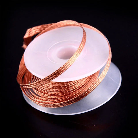 Desoldering Copper Solder Wick Braid For IC Pin Cleanup And Solder Removal on spool, showing 1.0mm-3.5mm widths, 1.5m length