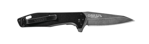 Fastball Slim Folding Knife With Lock Release, black finish, showing 3 inch S30V Wharncliffe blade and pocket clip detail, Made in USA