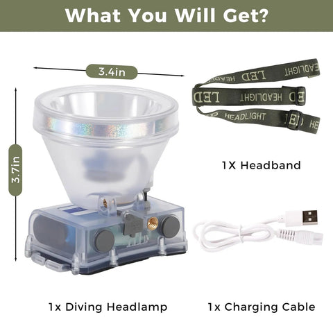 Rechargeable Diving Headlamp With 4 Lighting Modes Battery Level Indicator 10 Hour Runtime Dual Switch Scuba Dive Light