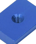 Close-up of a blue Four Pieces T Slot Nut Aluminum Alloy for 30 Series M6 Sliding Slot Nut, ideal for woodworking benches and table saws.