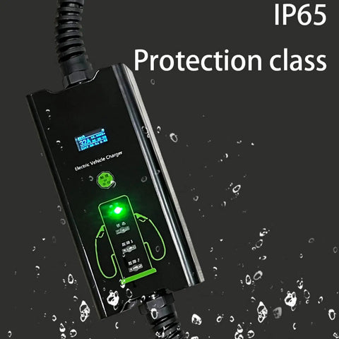 Travel Ready Portable Level 2 EV Charger 16 Amp 32 Amp Fast Home Charging Station IP65 Waterproof Cable For European Standard EVs Charge Faster Anywhere You Plug In with water protection illustration.