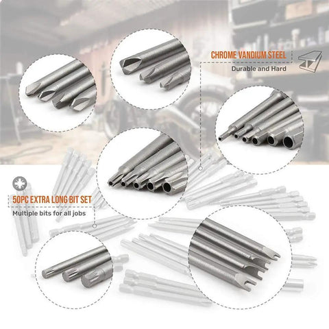 Close-up of 50 Piece Magnetic Screwdriver Bit Set With Extra Long Bits And Case All In One Pro Grade Driver Kit Includes Hex Torx Star