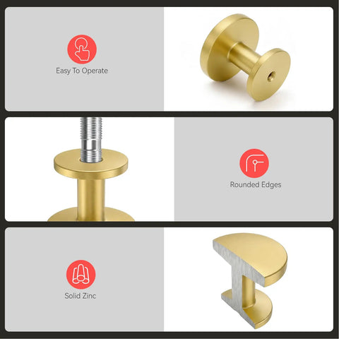 30 Pack Gold Cabinet Knobs And Brushed Brass Drawer Pulls With A Sleek Round Shape Made From Heavy Duty Zinc Alloy showing easy operation and rounded edges.
