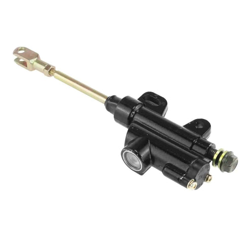10mm Banjo Rear Hydraulic Foot Brake Master Cylinder for Dirt Bikes and ATVs, black aluminum, side view, durable construction.