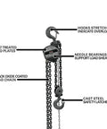 Close-up of 3 Ton Hand Chain Hoist With 15 Ft Lift, highlighting alloy hooks, heat treated load plates, needle bearings, Model S90-300-15.