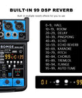 Close-up of Six Channel Mini DJ Audio Mixer with USB interface, showing 99 DSP effects panel and buttons.