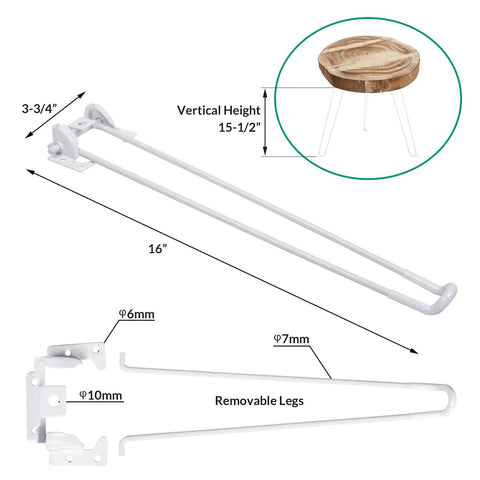 Diagram of 16 Inch Hairpin Leg Set Of 4 For Furniture And DIY Projects, featuring white powder coat finish and pre-drilled holes.