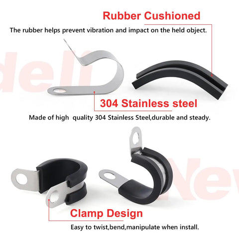 Ten Pack 2 Inch Stainless Steel Cable Clamps With Rubber Cushioned Hose Clamp showcasing rubber cushion and 304 stainless steel features