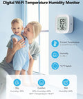 Mother and child in bedroom with WiFi Thermometer Hygrometer with E Ink Display showing current temperature and humidity.