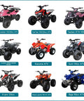Grid of various 50cc-125cc ATVs including Coolster, Taotao, Kazuma, SunL, and Baja models for carburetor kit fitting.