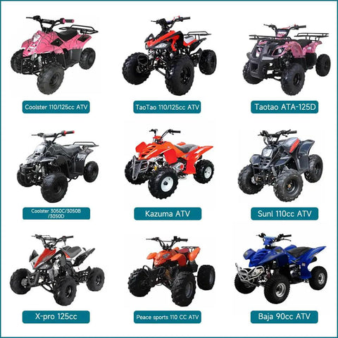 Grid of various 50cc-125cc ATVs including Coolster, Taotao, Kazuma, SunL, and Baja models for carburetor kit fitting.