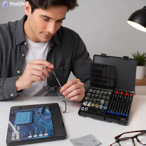 Trusted 37 Piece Glasses Repair Kit For Specs And Shades Featuring Precision Screwdrivers Micro Screws being used by a man fixing glasses.
