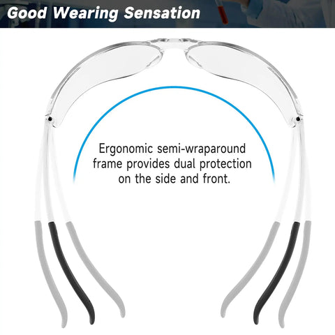10 Pack Clear Safety Glasses With ANSI Z87.1 Scratch Resistant Polycarbonate Lenses, ergonomic wraparound frame view