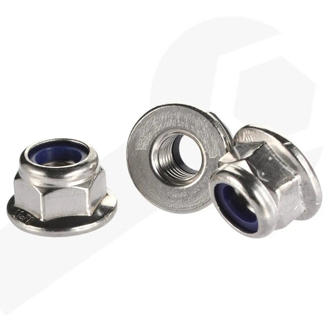 Close-up of M5 0.8mm flanged nylon insert lock nuts Nylock 304 stainless steel with bright finish and flange detail.
