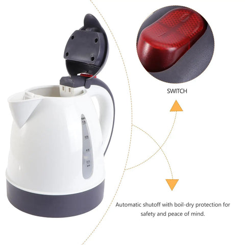 Road Trip Ready 12V Electric Hot Water Kettle with auto shutoff and measuring scale for safe travel brewing.