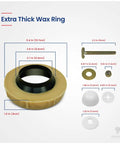 Universal Extra Thick Toilet Wax Ring Replacement Kit dimensions with black flange, bolts, and cap shown