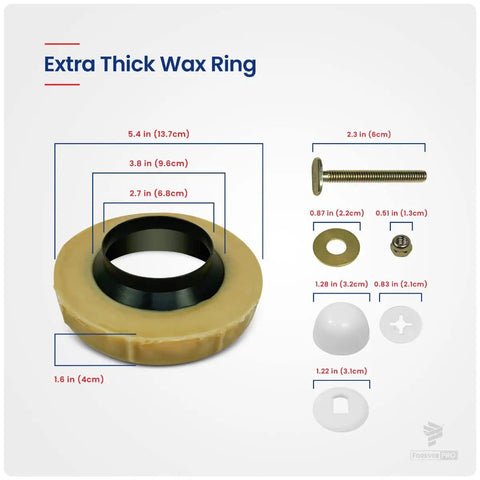 Universal Extra Thick Toilet Wax Ring Replacement Kit dimensions with black flange, bolts, and cap shown
