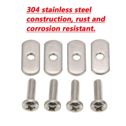 Built Tough Stainless Steel Kayak Rail Track Screws and Nuts Replacement Kit with 4 screws and 4 nuts, rustproof, universal track fit.